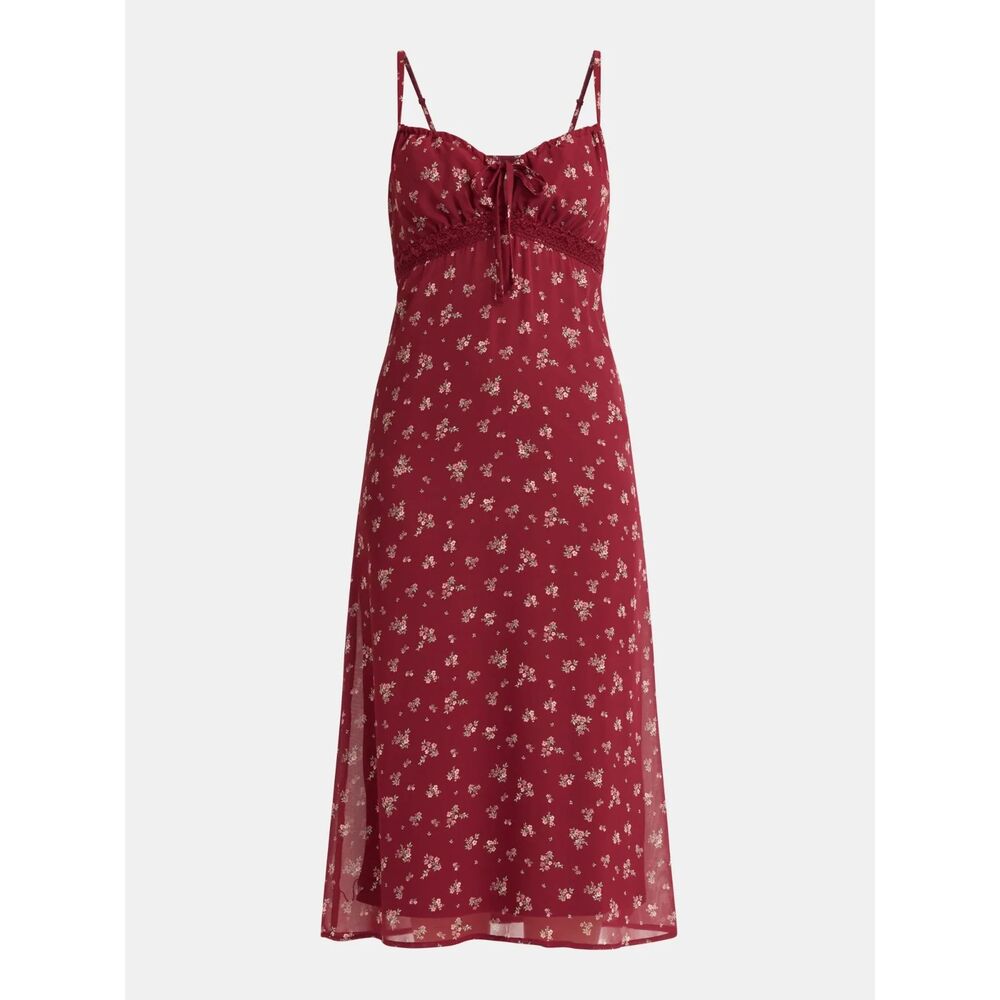 No Boundaries Women’s Maxi Dress with Lace Trim – Size S Sparkling Merlot Combo